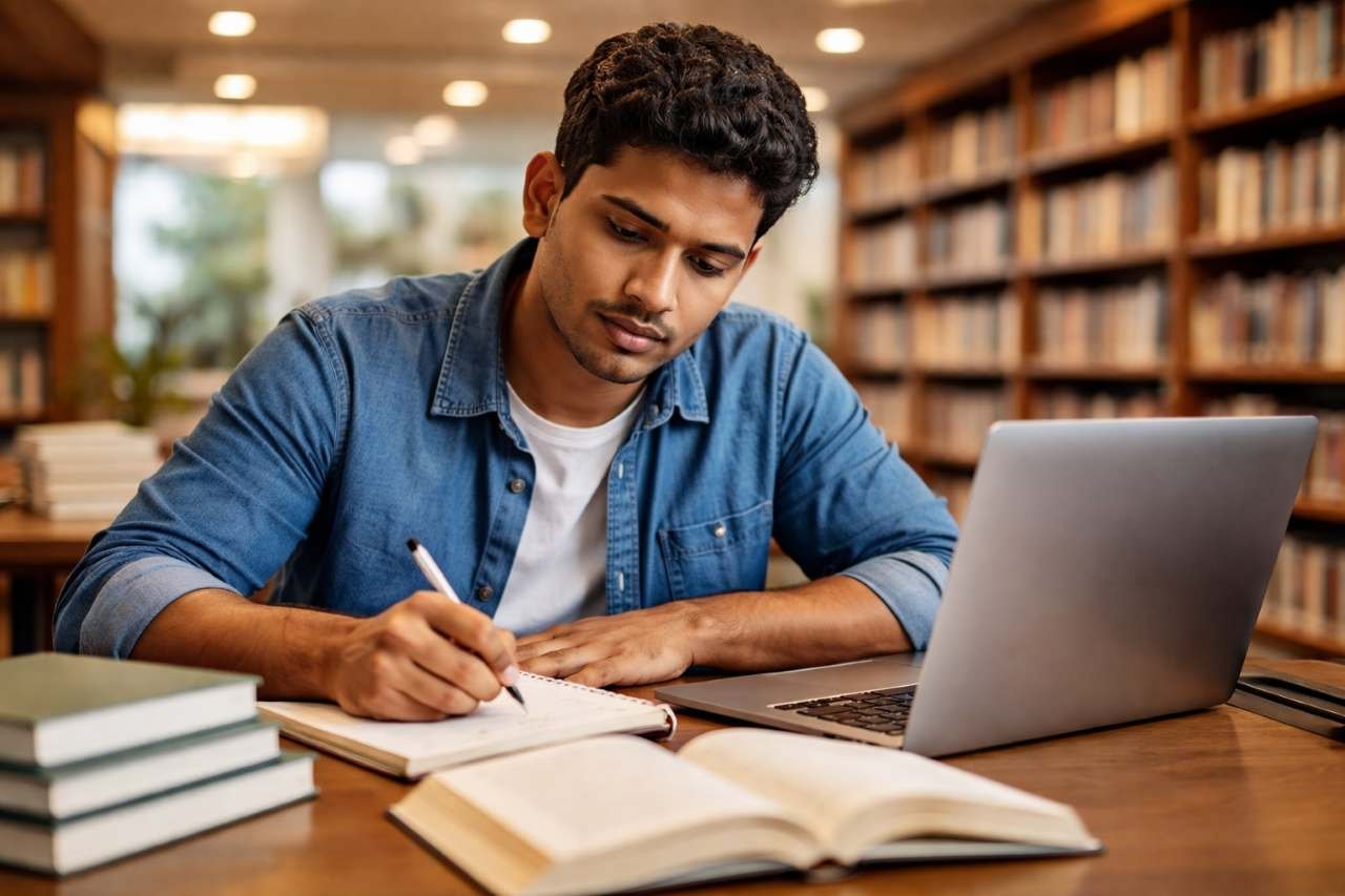 Student studying in library